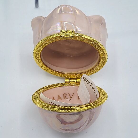 MARY KAY Ceramic Iridescent Pearl Pink Flower/Rose Hinged Trinket Box message - Picture 6 of 6